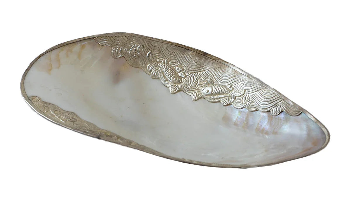 Shell dish with silver edge on a white background