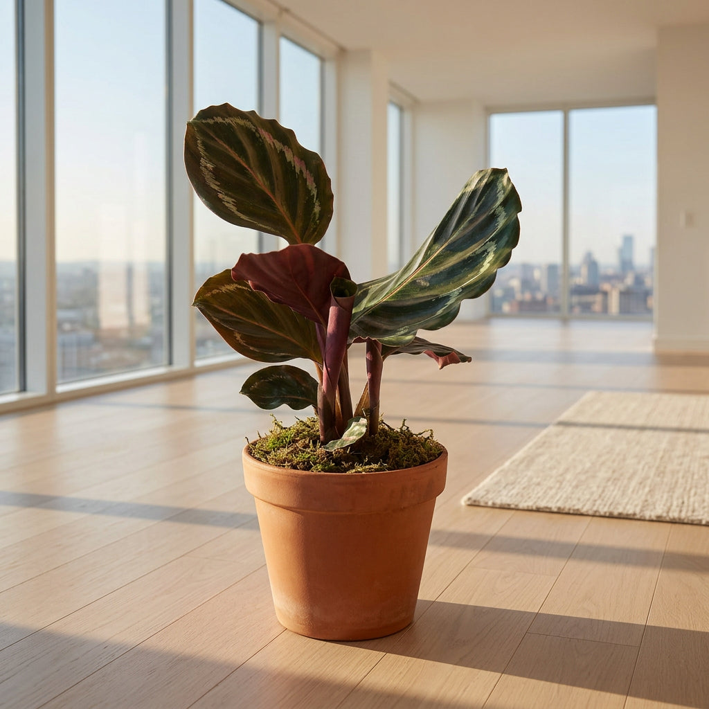 A potted Calathea Oxyrhinca plant with variegated green and burgundy leaves, in a terracotta-colored plastic pot on a solid white background.