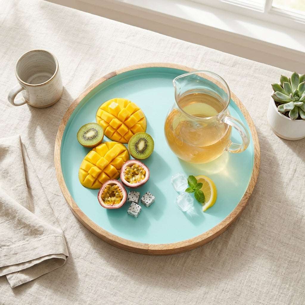 A round light blue serving tray with a natural wood rim, styled on a beige linen tablecloth. The tray is filled with fresh fruits (mango, kiwi, passion fruit), a glass pitcher of iced tea, and ice cubes.