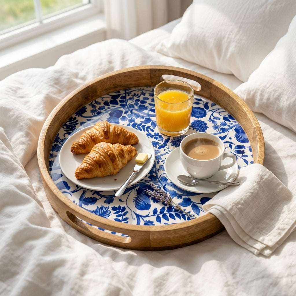 A round wooden serving tray with a blue floral patterned liner sits on a bed with white linens. The tray holds croissants on a small plate, a glass of orange juice, a cup of coffee on a saucer, and a folded napkin.
