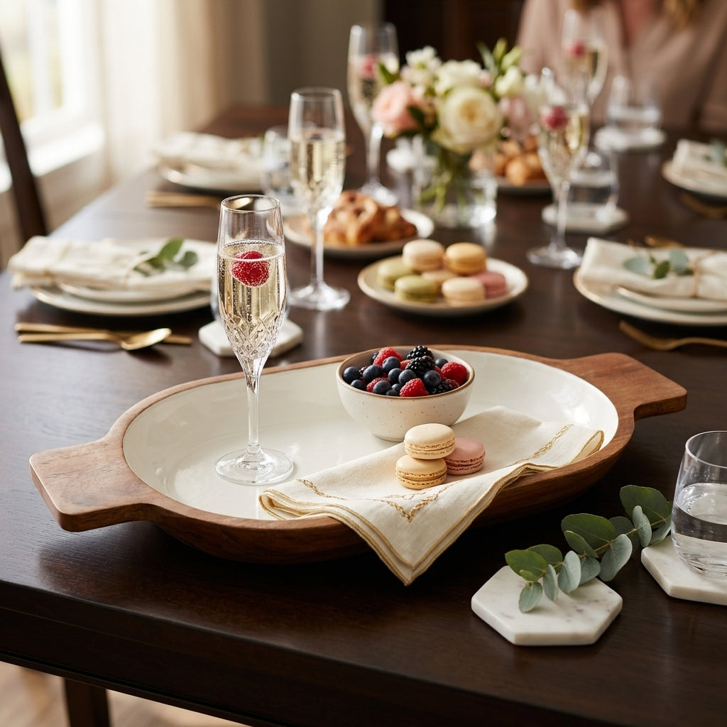 A large oval wooden serving tray with a cream glazed center is styled on a dark wood dining table. The tray holds a small white bowl of mixed berries and a folded cream napkin with gold detailing, alongside macarons and a glass of sparkling wine.