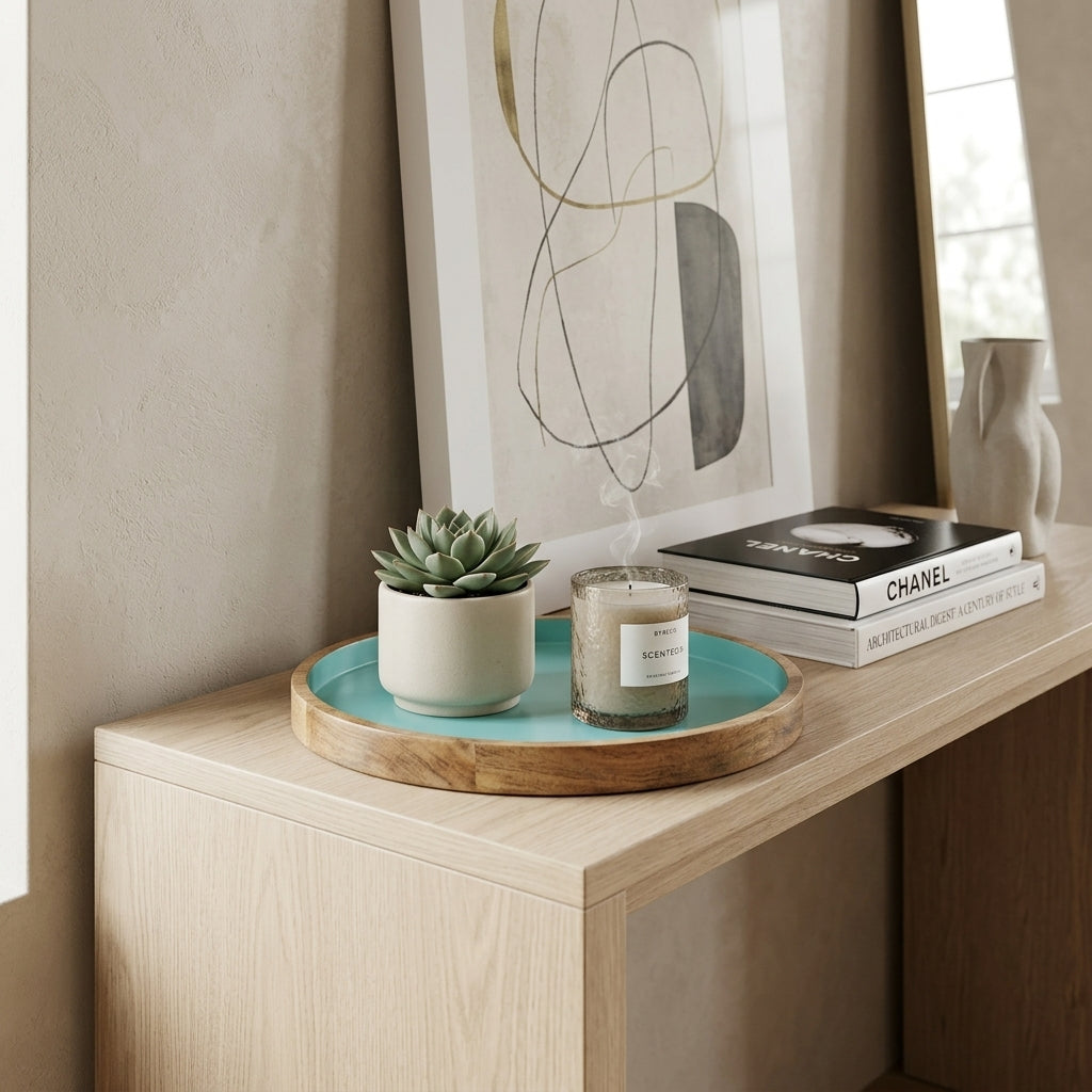 A round wooden tray with a turquoise blue interior sits on a light wood console table, styled with a small potted succulent and a glass jar candle. A framed abstract print and books, including one labeled CHANEL, are leaning against the wall in a softly lit interior setting.