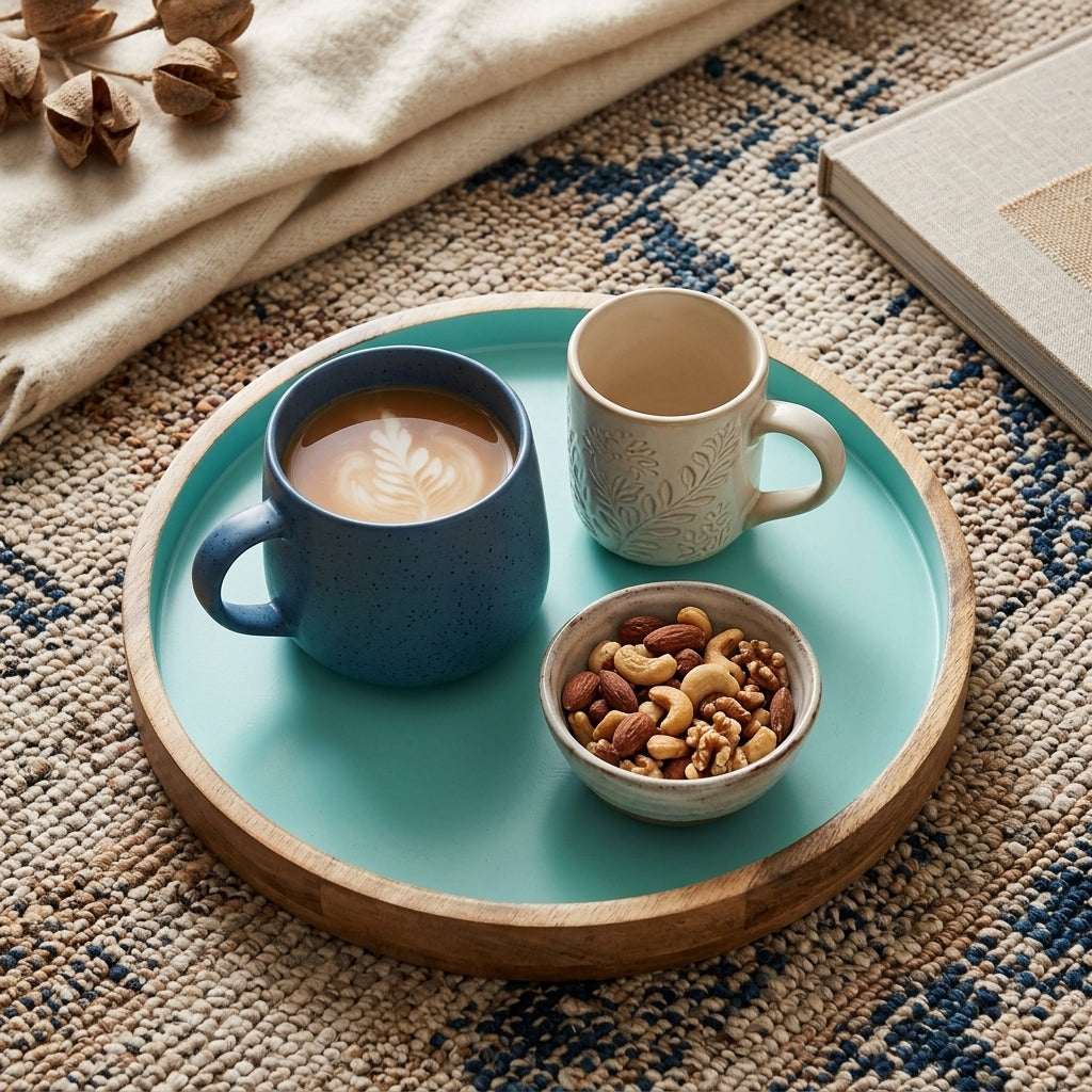 A round wooden serving tray with a turquoise interior, styled on a woven rug with two ceramic mugs and a small bowl of mixed nuts.