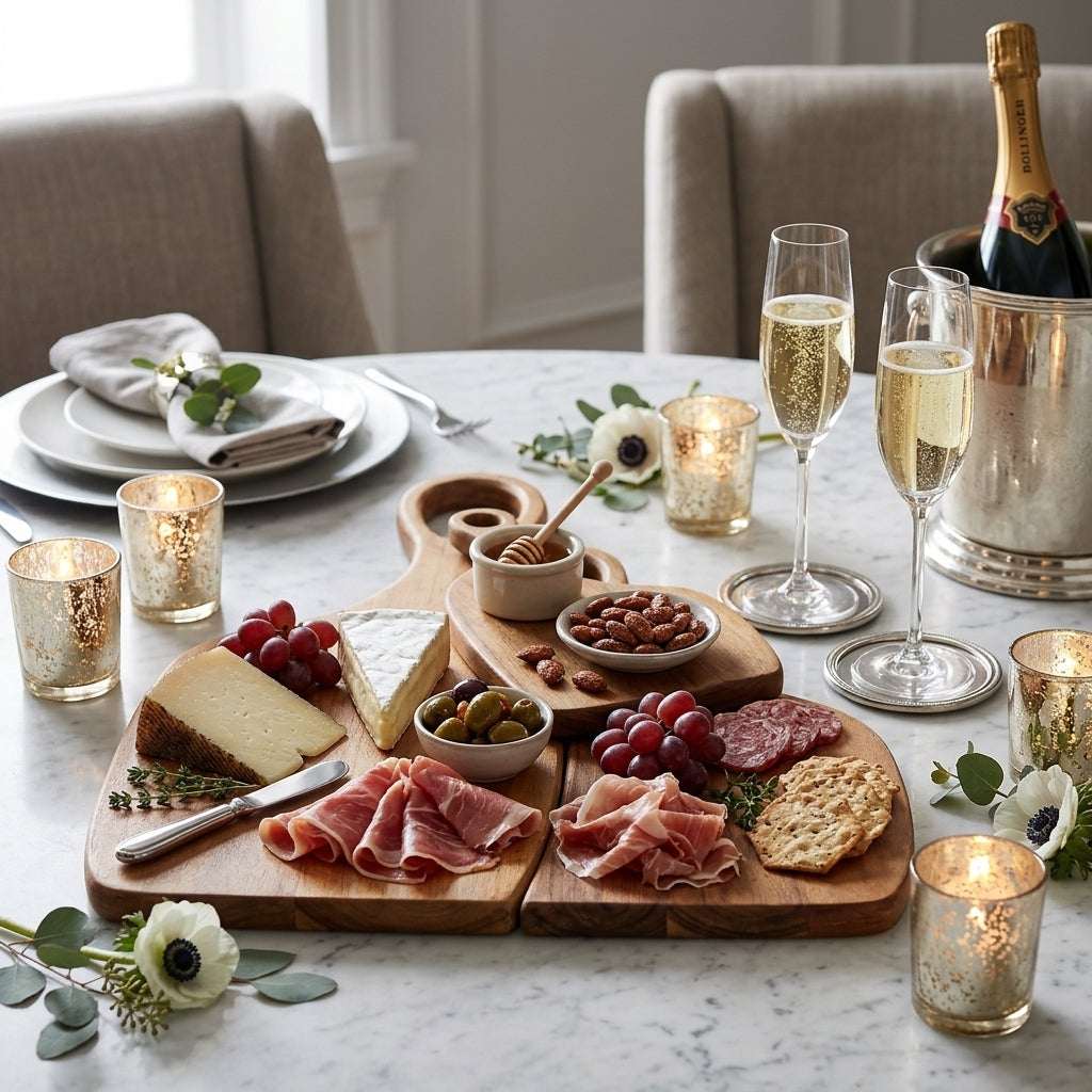 A styled charcuterie and cheese board arranged on a white marble table in a dining setting, with two champagne flutes, a champagne bucket, and gold-toned candle holders. The board includes sliced cured meats, cheese wedges, grapes, olives, crackers, and a small bowl with a wooden spoon.