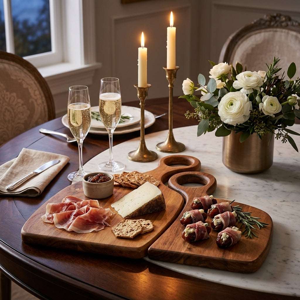 Dining table set with appetizers, glasses of champagne, and a floral arrangement.