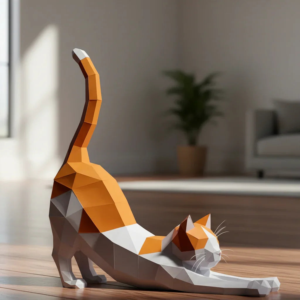 Origami Stretching Cat Figurine