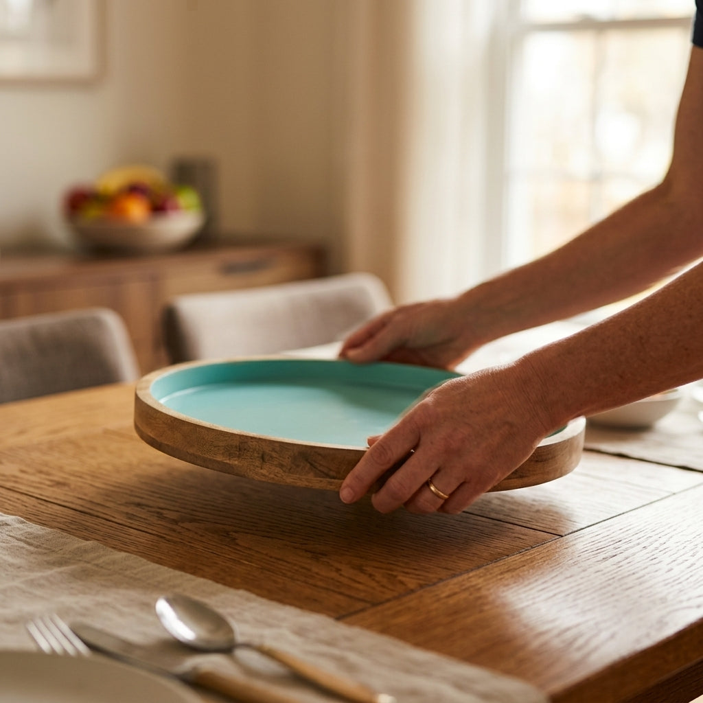 A person's hands holding a round wooden serving platter with a light blue-green glazed interior, set on a rustic wooden dining table in a warm, softly lit room.