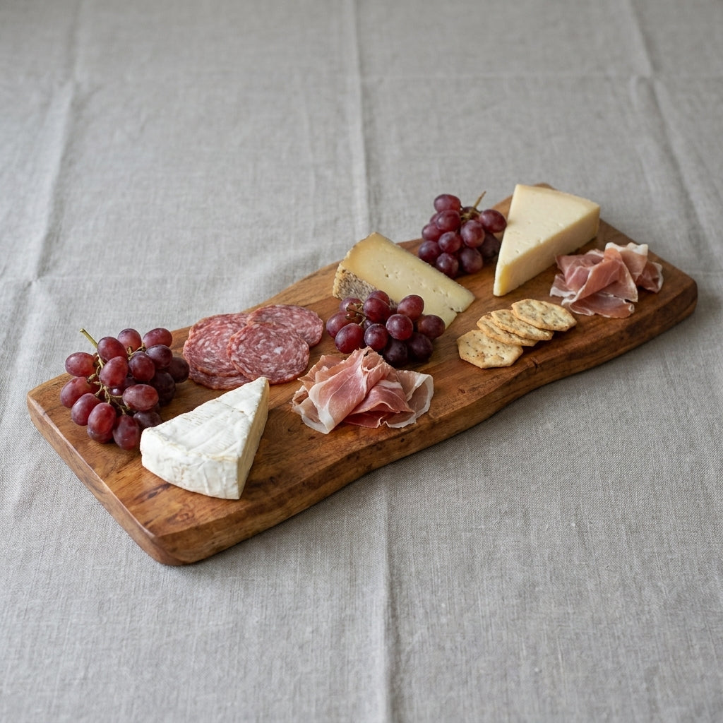 Wooden charcuterie board with cheese, cured meats, and grapes on a light gray fabric background