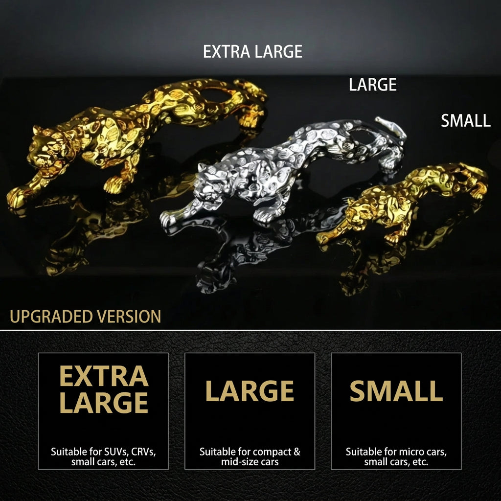 Three metallic jaguar figurines in gold and silver finishes labeled EXTRA LARGE, LARGE, and SMALL on a black reflective background, with text indicating upgraded version and suitability for SUVs, CRVs, and micro cars.