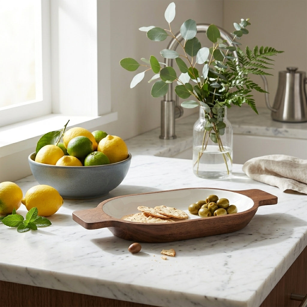 A wooden serving tray with a white interior and handles sits on a white marble kitchen counter, holding crackers and olives. A bowl of lemons and limes, fresh mint, a glass vase with eucalyptus, and a kitchen faucet are visible in the softly lit background.