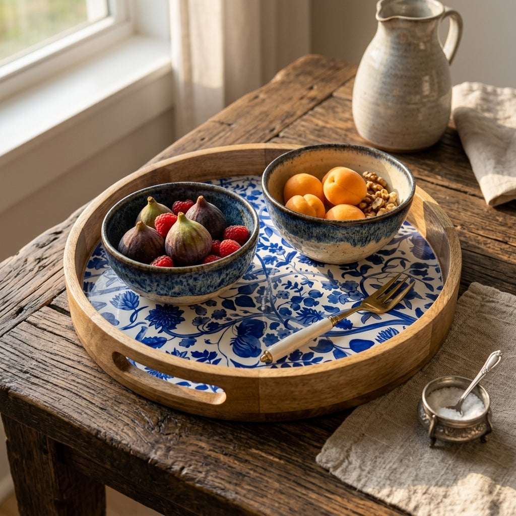 A round wooden serving tray with cutout handles, holding a blue-and-white floral placemat and two ceramic bowls filled with fruit, set on a rustic wooden table near a window.