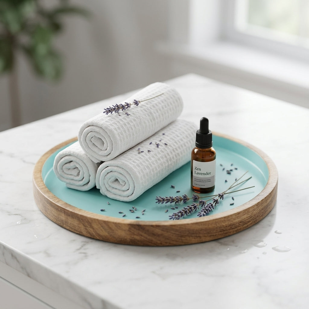 Three rolled white textured towels are arranged on a round wooden tray with a light blue interior, alongside a small amber dropper bottle and lavender sprigs, set on a white marble surface near a bright window.