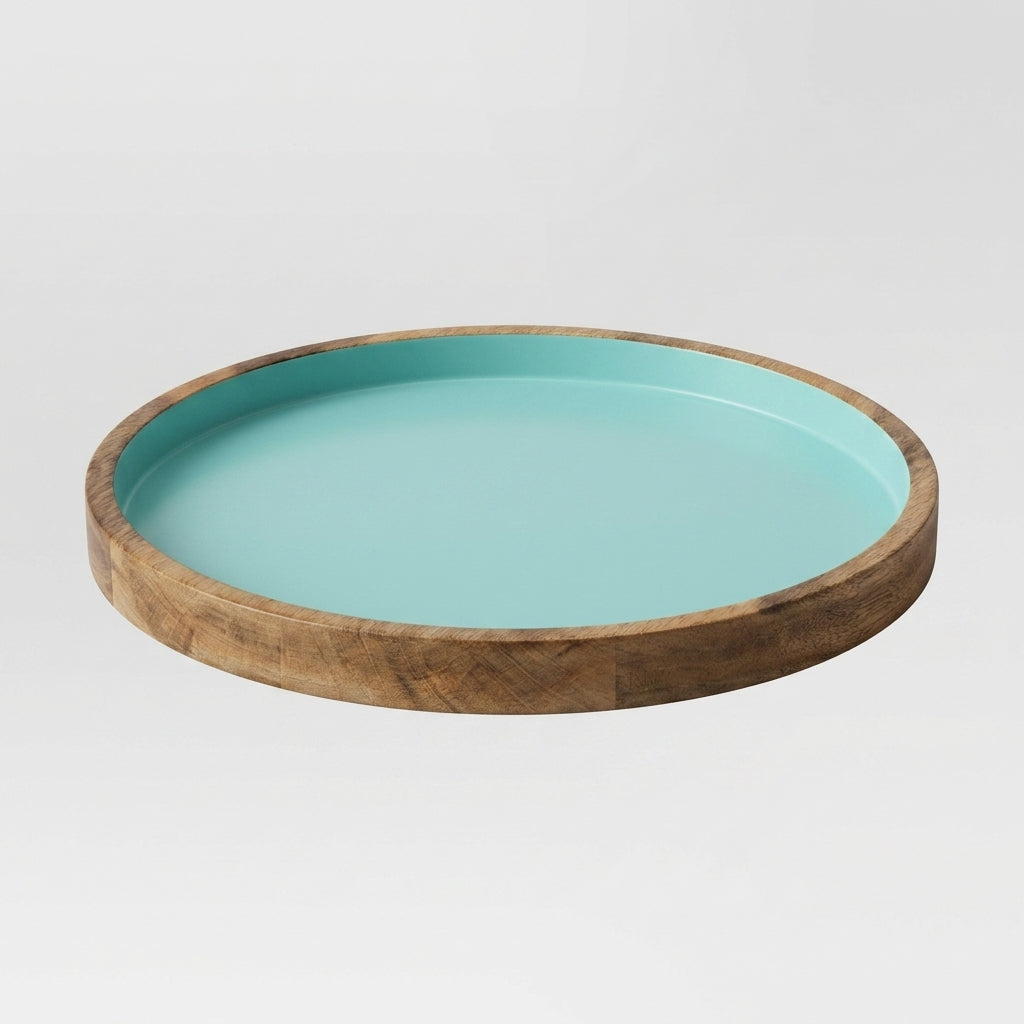 A round serving tray with a light blue interior and a natural wood rim, shown on a clean light gray background.