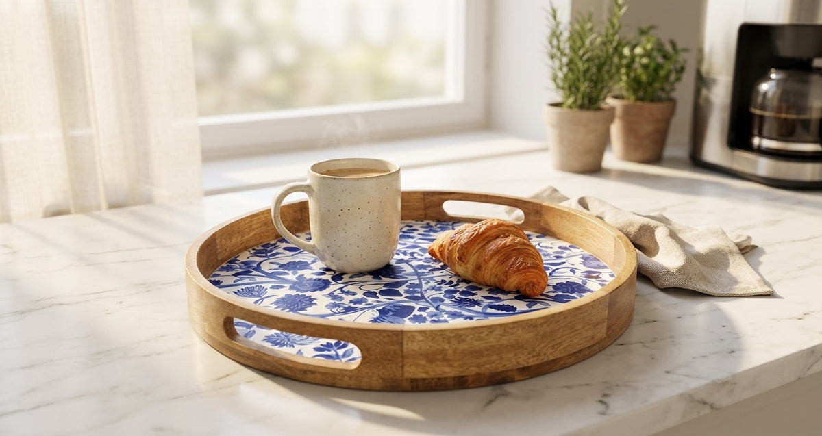 Round Blue Mango Wood Serving Tray